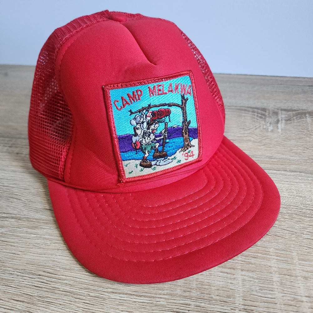 90s VINTAGE Trucker Hat Red '94 CAMP MELAKWA Camping Adjustable Snapback Hat